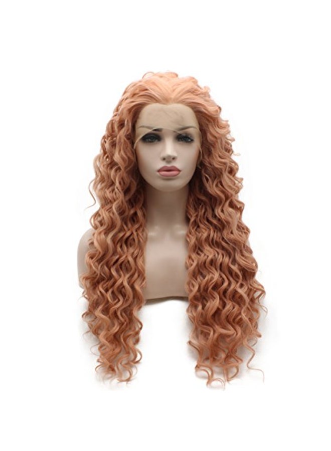 iwonawig Iewig Rose Golden Pink Front Lace Wig Long Curly Synthetic Lace Front Heat Friendly Fiber Half Hand Tied - Image 1