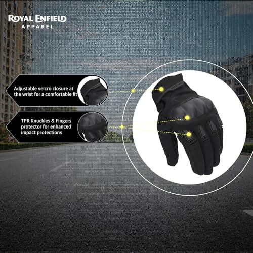 Royal Enfield قفازات ركوب رويال إنفيلد كوموتير | مقاومة للصدمات: واقيات مفاصل TPR | تحكم في دواسة الوقود: قبضة كف معززة | قبضة ثابتة: رقعة كف من الميكروسويد | تصميم قابل للتنفس | أسود L - Image 3