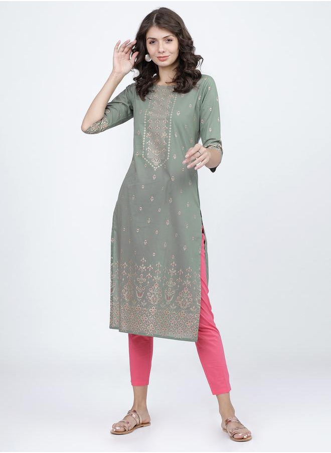 Vishudh Women Olive Ethnic Motifs Printed Cotton Kurta by Styli  - Image 1