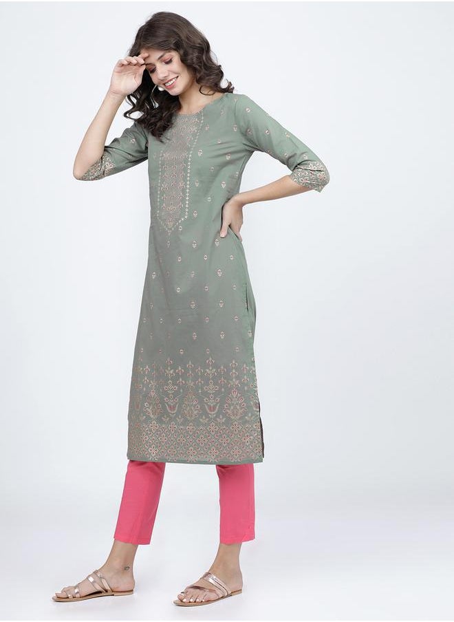 Vishudh Women Olive Ethnic Motifs Printed Cotton Kurta by Styli  - Image 2