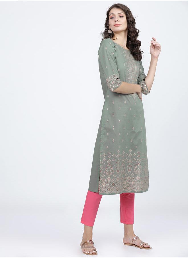 Vishudh Women Olive Ethnic Motifs Printed Cotton Kurta by Styli  - Image 5