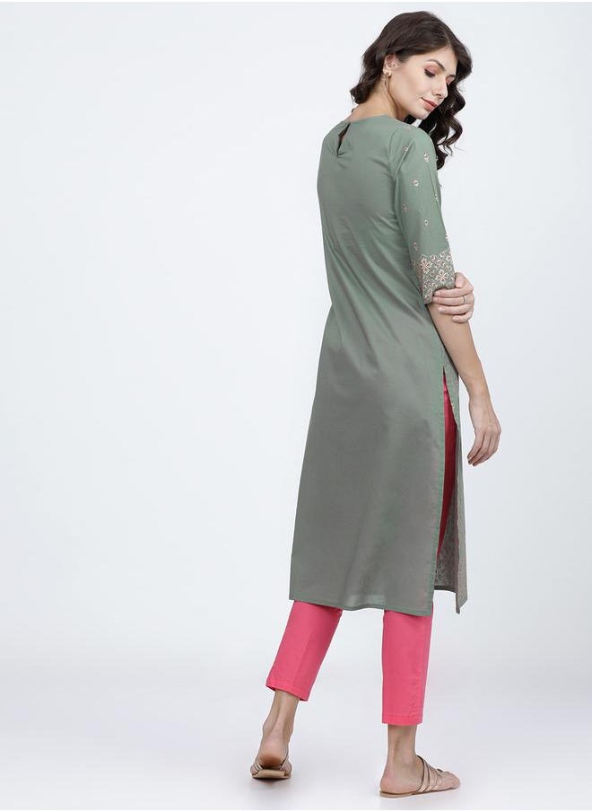 Vishudh Women Olive Ethnic Motifs Printed Cotton Kurta by Styli  - Image 3