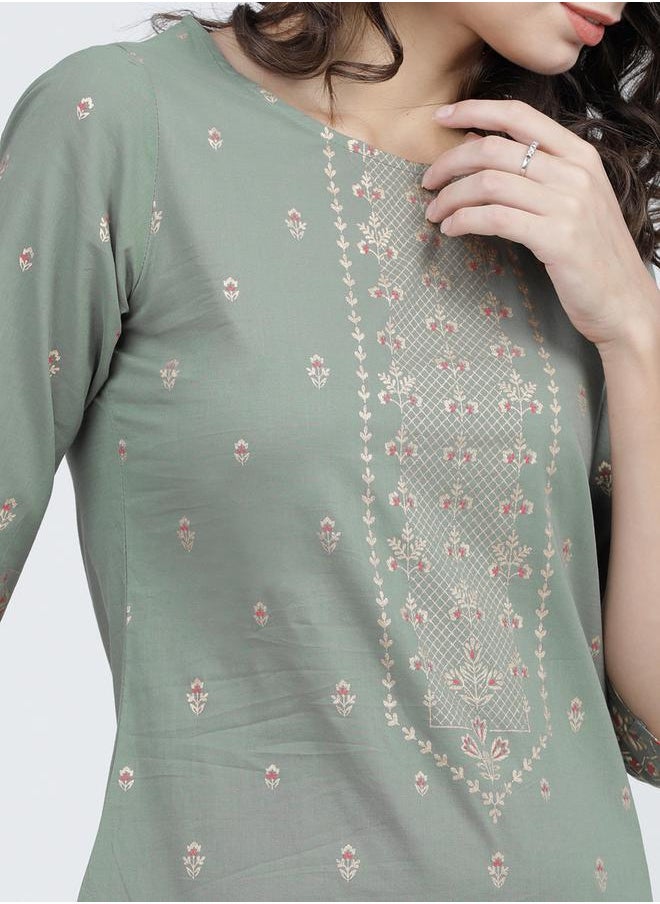 Vishudh Women Olive Ethnic Motifs Printed Cotton Kurta by Styli  - Image 4