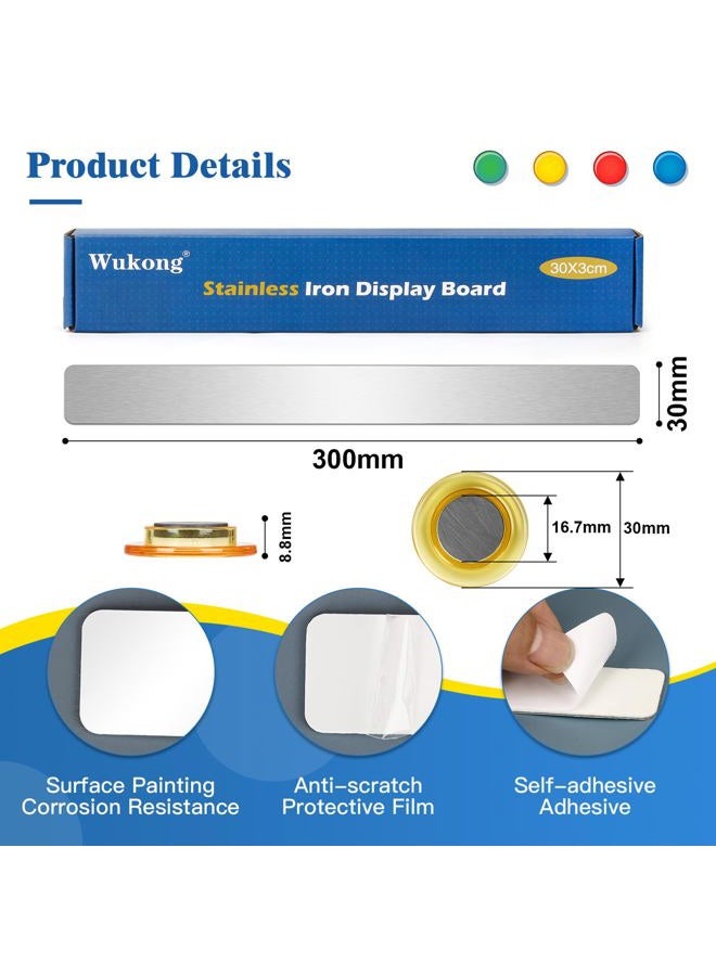 Wukong 4 Pack | 30x3cm Magnetic Stainless Silver Boards Strips, Adhesive Backing Bulletin Bar Board, Memo Board with 32Pcs Colorful Magnets for Office, Home, Photo Wall, Documents and Fridge - Image 3