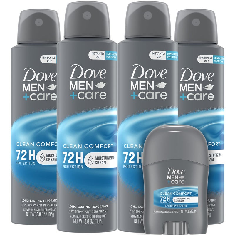 Dove Men+Care Dry Spray Antiperspirant for Men 4-Pack (3.8 Oz Ea) + Travel Deodorant Stick (0.5 Oz) â€“ 72H Protection, Long-Lasting Clean Comfort Fragrance - Image 1