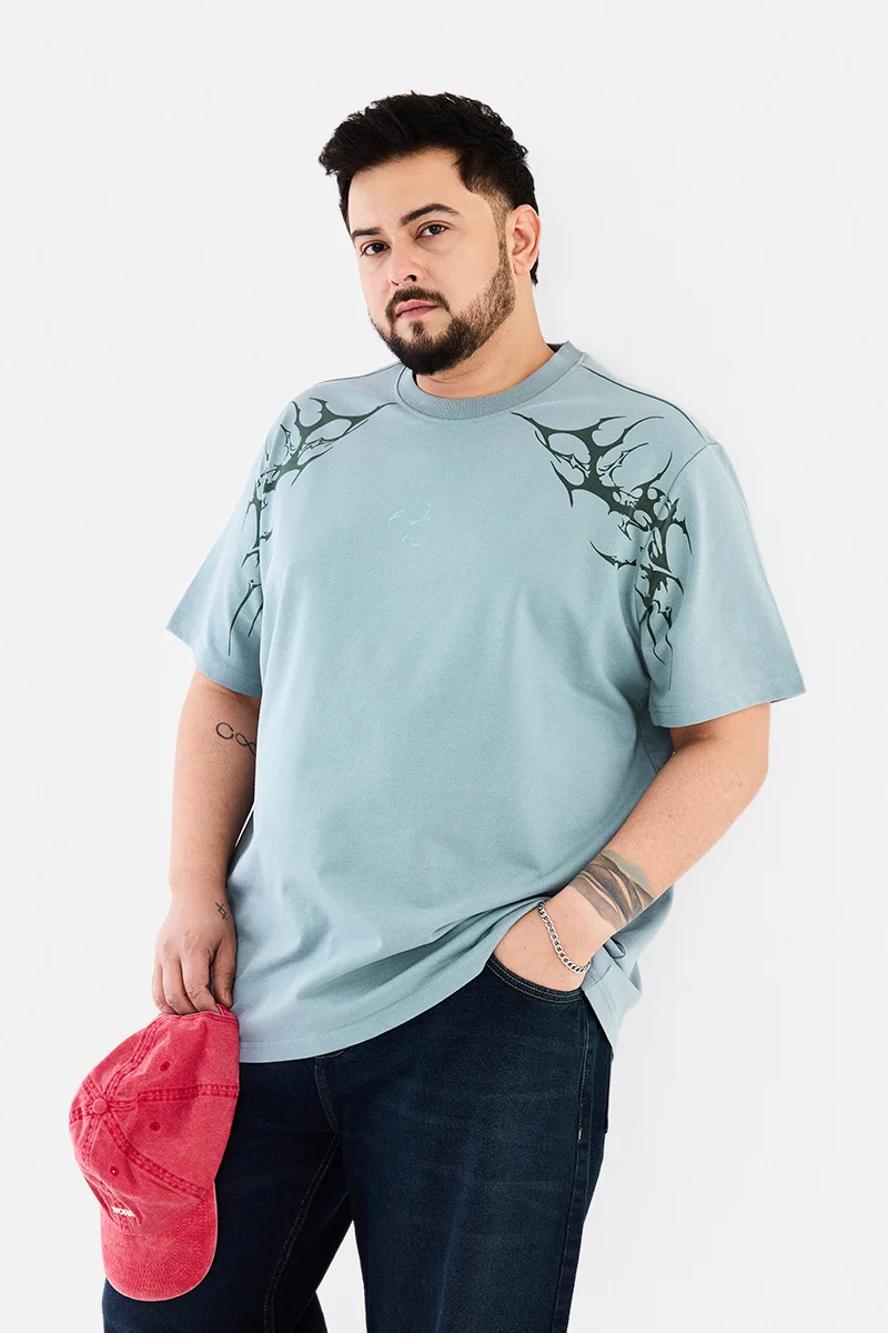 SNITCH Light Blue Graphic Half Sleeve Regular Fit Plus Size T-Shirt