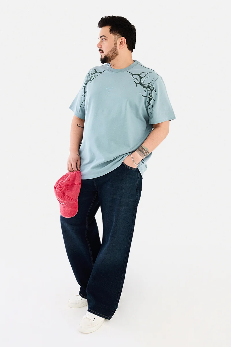 SNITCH Light Blue Graphic Half Sleeve Regular Fit Plus Size T-Shirt