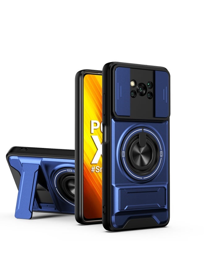جراب حمايه مقاوم للصدمات مزود بستاند وحلقه دائريه وحمايه للكاميرا متوافق مع  Poco X3 Pro / Poco X3 NFC (ازرق)