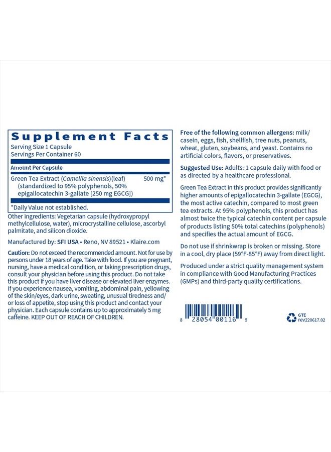 Klaire Labs مستخلص الشاي الأخضر - 500 ملليجرام من مستخلص أوراق الشاي الأخضر، 95% محتوى بوليفينول 250 ملليجرام EGCG (60 كبسولة نباتية) - Image 4