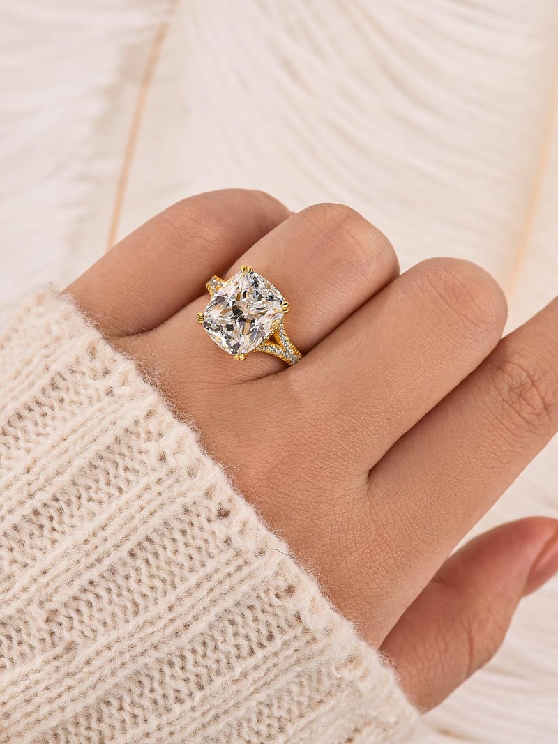 RODIFFY 4.5CT Cushion Cut Engagement Ring with Split Shank, S925 Silver AAAAA Grade CZ Promise Ring for Women (Golden, 6) - Image 4