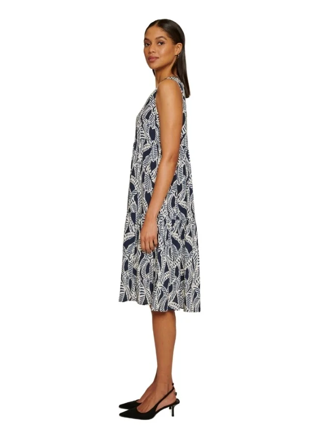 زابايوني Elegant blue midi dress with white leaf prints, perfect for casual or semi-formal events.