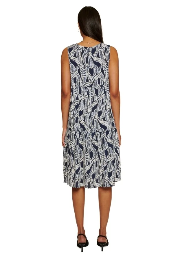 زابايوني Elegant blue midi dress with white leaf prints, perfect for casual or semi-formal events.