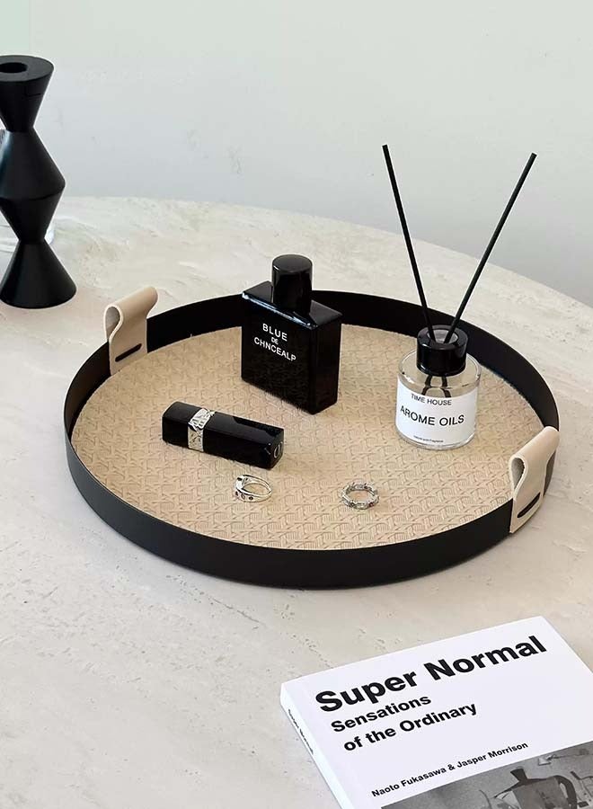 YIM-VIBEHAUS Round Serving Tray, Decorative Tray with Handles,  Vintage Leather Woven Pattern Storage Tray for Storage Foods, Drinks, Makeups, Jewelry 30 x 30 x 2.7 cm - Image 1