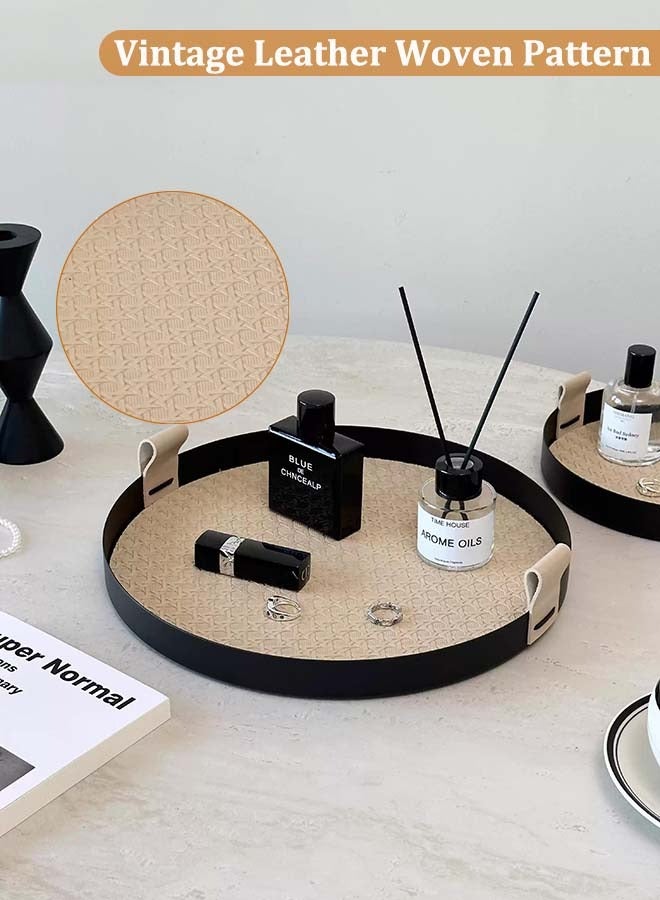 YIM-VIBEHAUS Round Serving Tray, Decorative Tray with Handles,  Vintage Leather Woven Pattern Storage Tray for Storage Foods, Drinks, Makeups, Jewelry 30 x 30 x 2.7 cm - Image 2