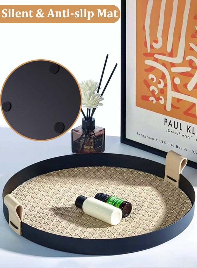 YIM-VIBEHAUS Round Serving Tray, Decorative Tray with Handles,  Vintage Leather Woven Pattern Storage Tray for Storage Foods, Drinks, Makeups, Jewelry 30 x 30 x 2.7 cm - Image 3