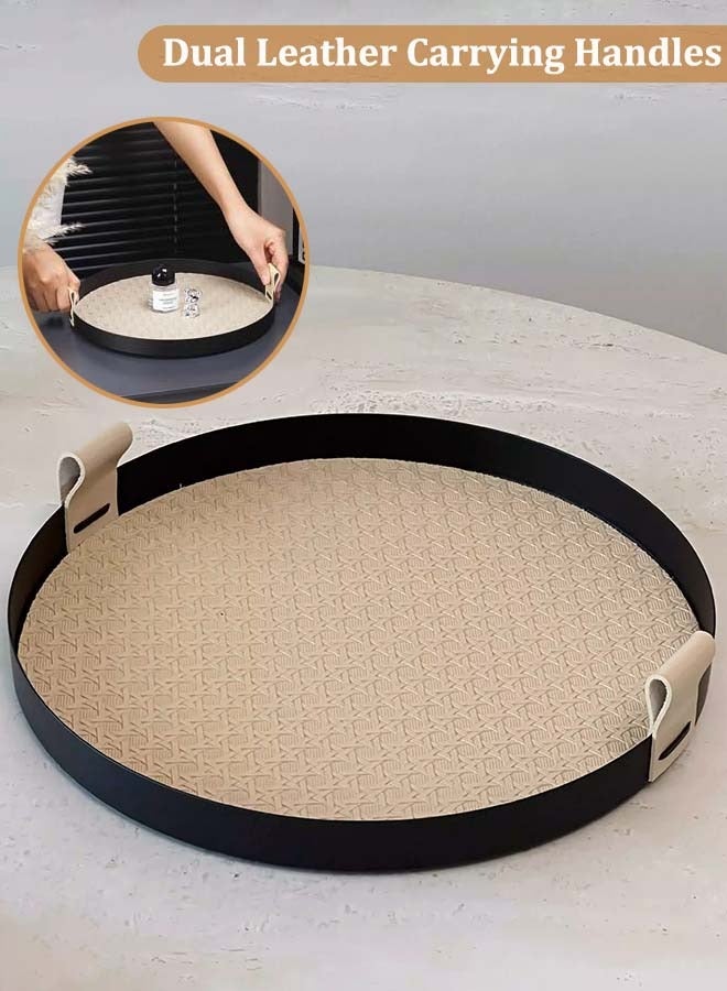 YIM-VIBEHAUS Round Serving Tray, Decorative Tray with Handles,  Vintage Leather Woven Pattern Storage Tray for Storage Foods, Drinks, Makeups, Jewelry 30 x 30 x 2.7 cm - Image 4