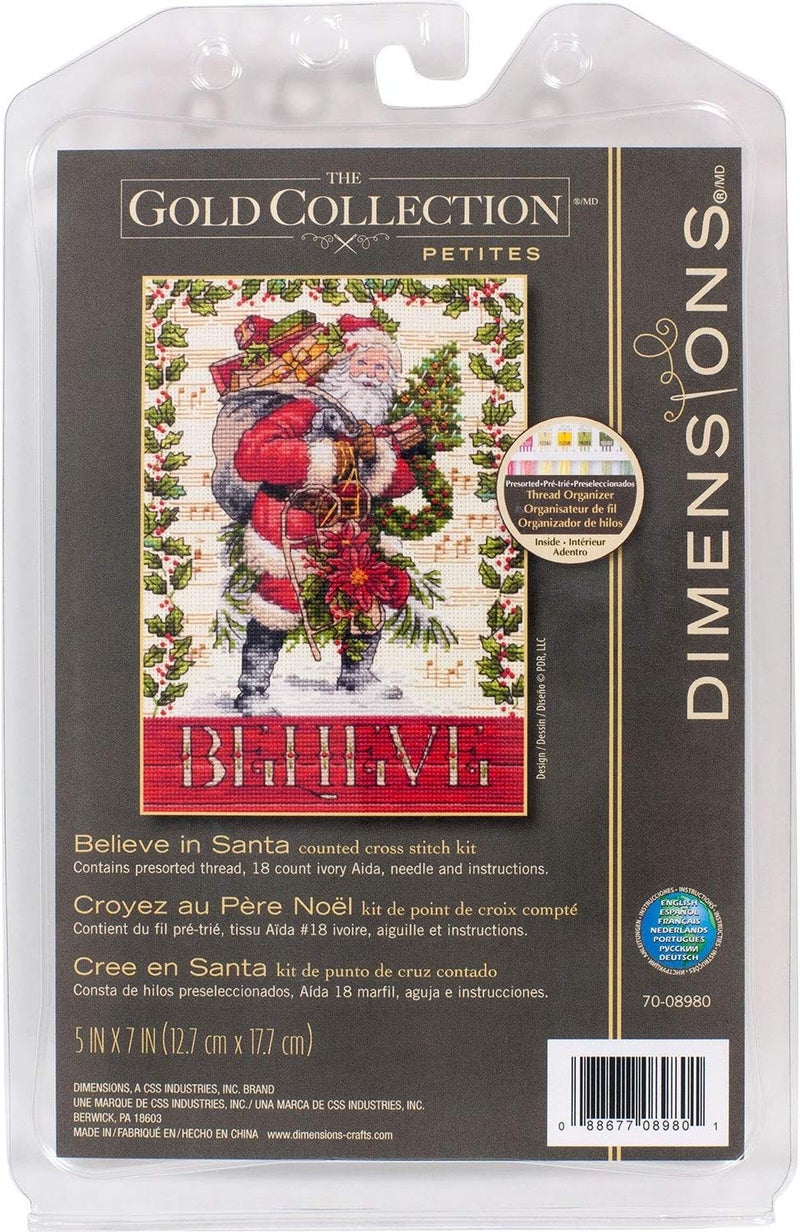 Dimensions Gold Collection Kit, Believe in Santa Christmas Cross Stitch, 18 Count Ivory Aida, 5'' x 7'' - Image 1