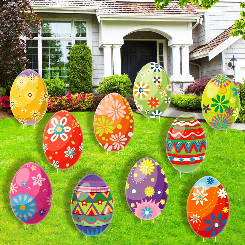 CiniQy 10 PCS Outdoor Easter Egg Decorations for Yard Lawn Patio Walkway, PP Safe Material Large Colorful Easter Egg Hunt Sign with Stakes, Waterproof Outside Decor Cardboard, Easy to Install Party Supplies - Image 2