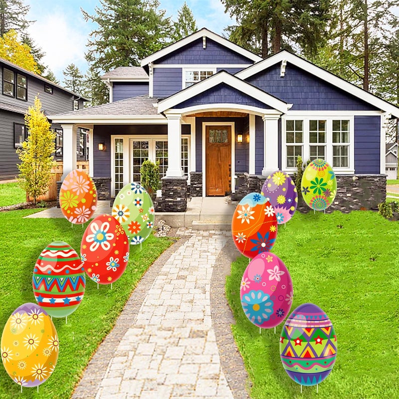CiniQy 10 PCS Outdoor Easter Egg Decorations for Yard Lawn Patio Walkway, PP Safe Material Large Colorful Easter Egg Hunt Sign with Stakes, Waterproof Outside Decor Cardboard, Easy to Install Party Supplies - Image 1