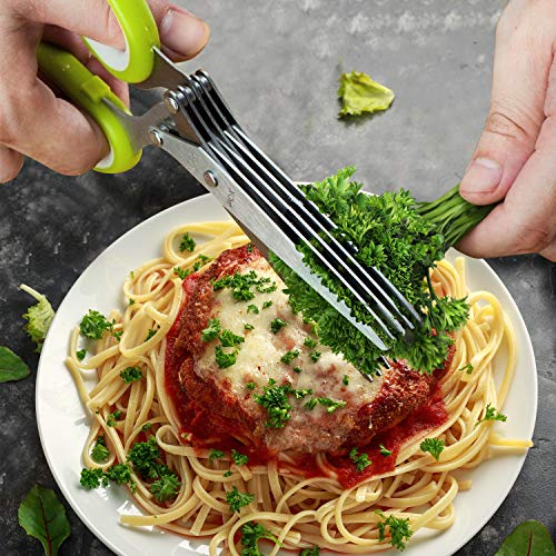 X-Chef Herb Scissors, X-Chef Multipurpose 5 Blade Kitchen Herb Shears Herb Cutter with Safety Cover and Cleaning Comb for Chopping Basil Chive Parsley (Green) - Image 2