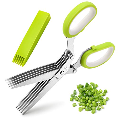 X-Chef Herb Scissors, X-Chef Multipurpose 5 Blade Kitchen Herb Shears Herb Cutter with Safety Cover and Cleaning Comb for Chopping Basil Chive Parsley (Green) - Image 1