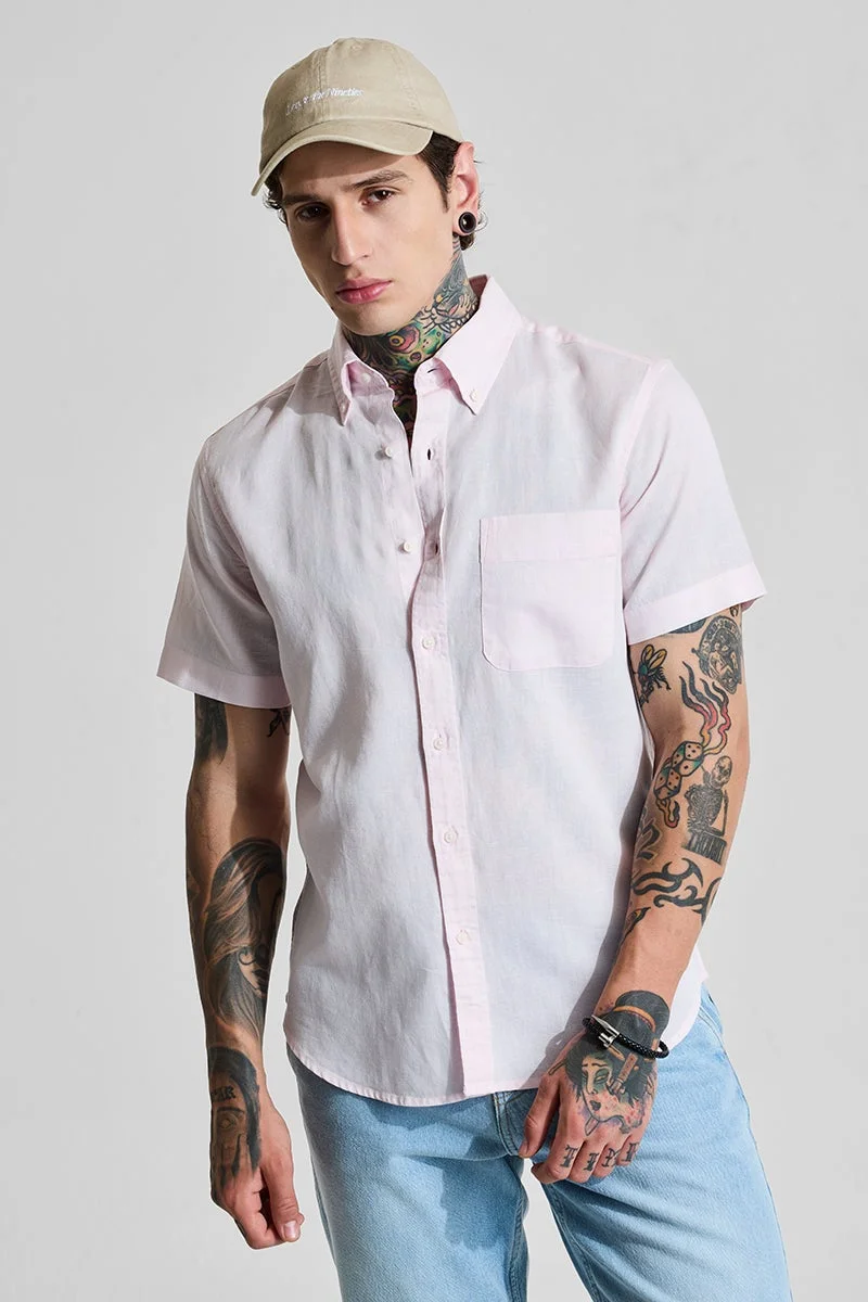 SNITCH Pastel Pink Linen Blend Slim Fit Shirt