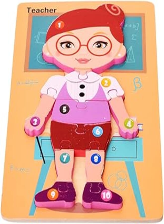 Generic Wooden Rectangle 3D Puzzle Board With Teacher Design To Develop Kids Skills Set Of 10 Pieces 25x15 CM - Multi Color