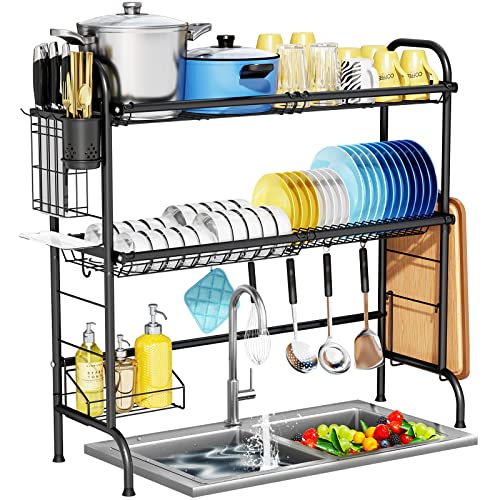 HOWDIA 3-Tier Over The Sink Dish Drying Rack,Stainless Steel Dish Rack with Cutlery Holder & Chopping Board Rack, 33.9” x 11.4” x 32.3” for Maximum Kitchen Storage（Black） - Image 1