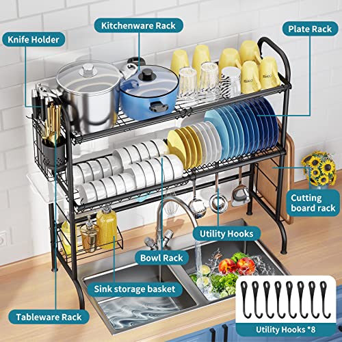 HOWDIA 3-Tier Over The Sink Dish Drying Rack,Stainless Steel Dish Rack with Cutlery Holder & Chopping Board Rack, 33.9” x 11.4” x 32.3” for Maximum Kitchen Storage（Black） - Image 5