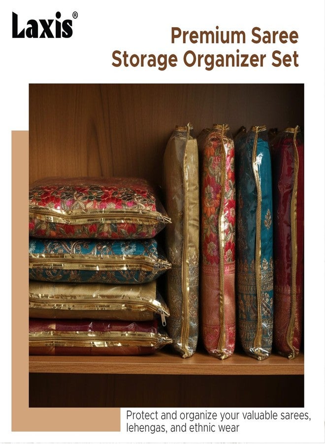 LAXIS® Non-Woven Single Saree Bags Golden Colour, Transparent Saree Covers With Zip, Saree Covers For Storage, Wardrobe Organiser, Size-36x42x2CM (Pack of 30) - Image 4