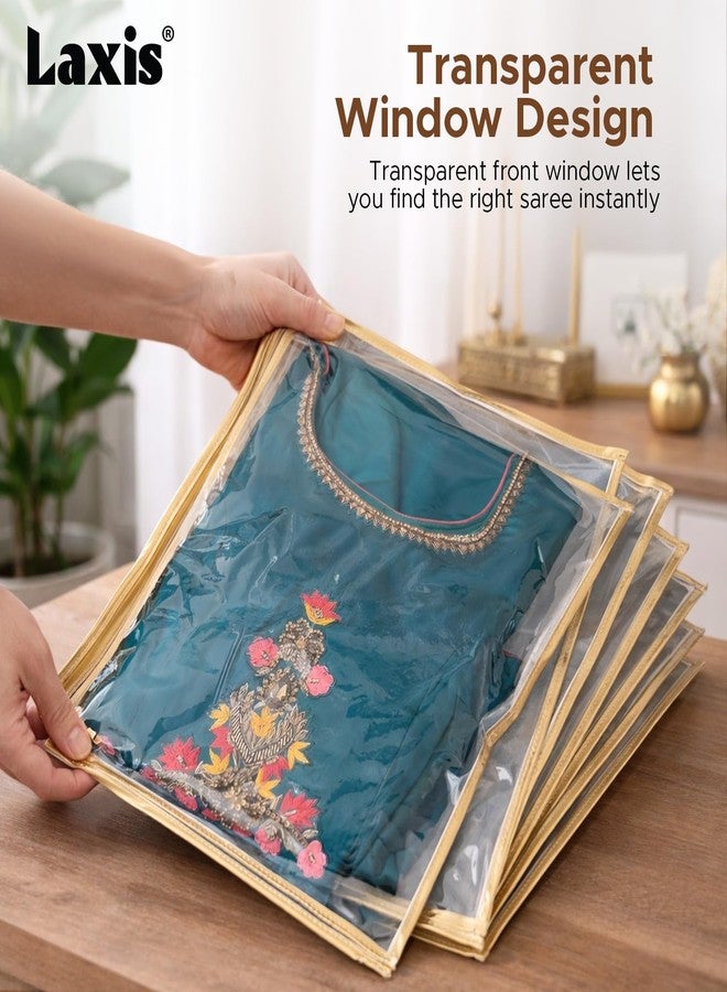 LAXIS® Non-Woven Single Saree Bags Golden Colour, Transparent Saree Covers With Zip, Saree Covers For Storage, Wardrobe Organiser, Size-36x42x2CM (Pack of 30) - Image 5