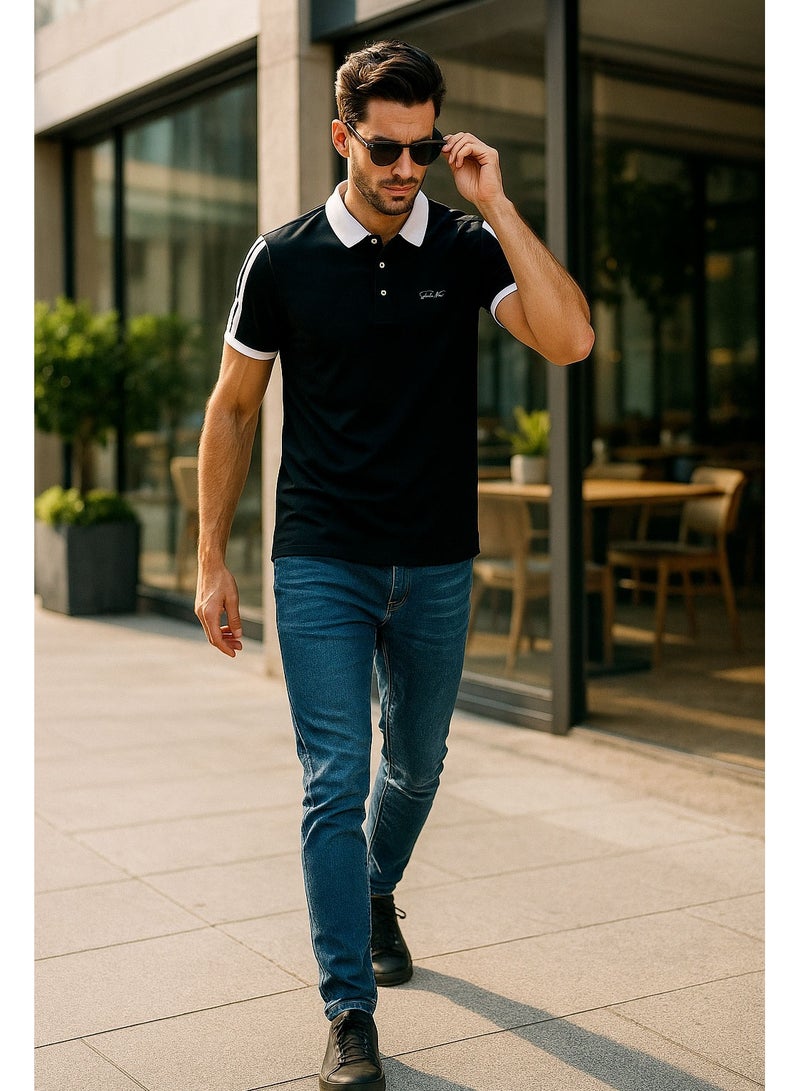 Men’s Stretchable Cotton Polo Shirt – Short Sleeves, Breathable, Black & White – Perfect for Office & Casual Outings