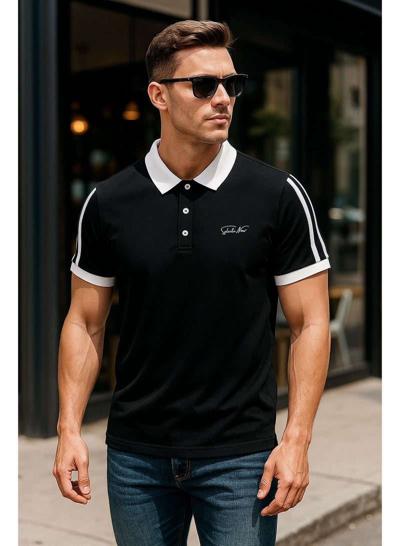 Men’s Stretchable Cotton Polo Shirt – Short Sleeves, Breathable, Black & White – Perfect for Office & Casual Outings