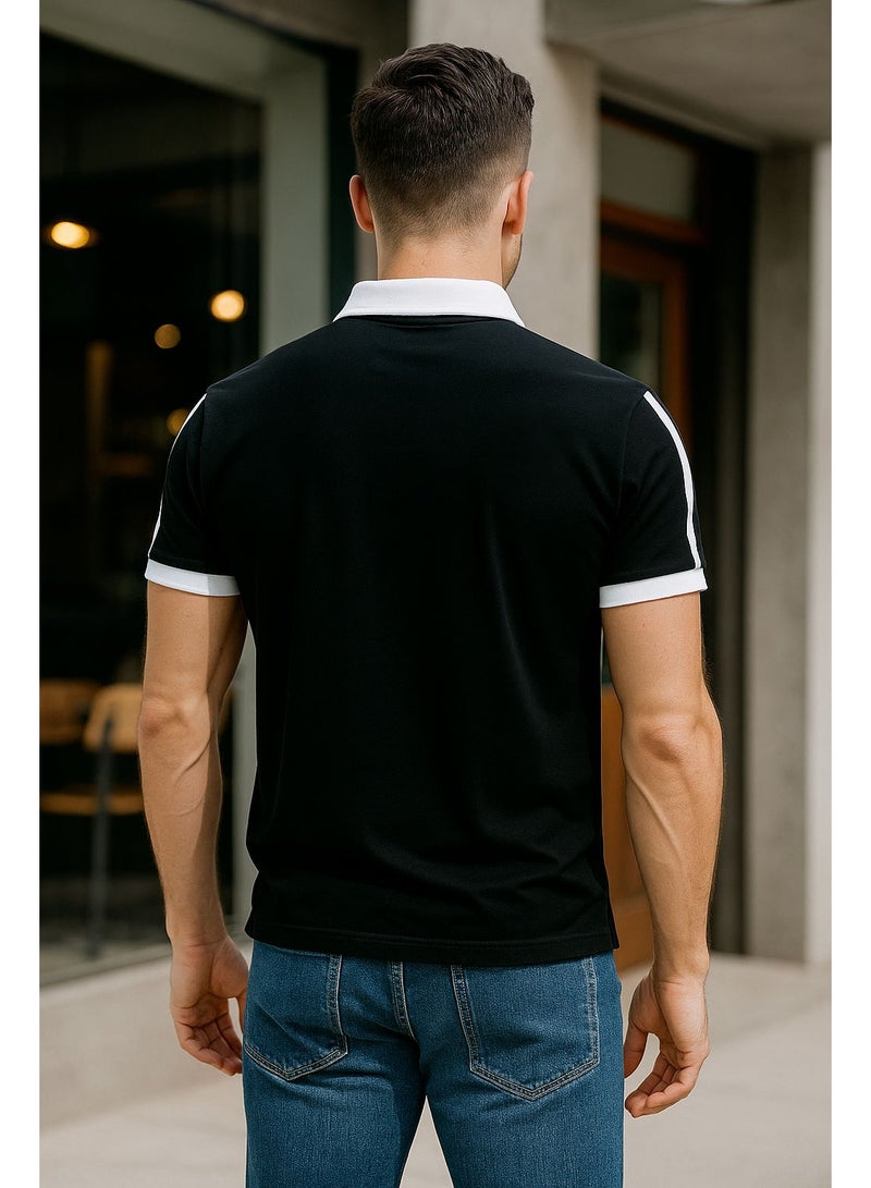 Men’s Stretchable Cotton Polo Shirt – Short Sleeves, Breathable, Black & White – Perfect for Office & Casual Outings