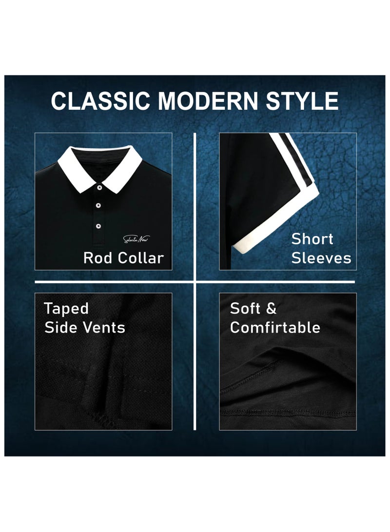 Men’s Stretchable Cotton Polo Shirt – Short Sleeves, Breathable, Black & White – Perfect for Office & Casual Outings