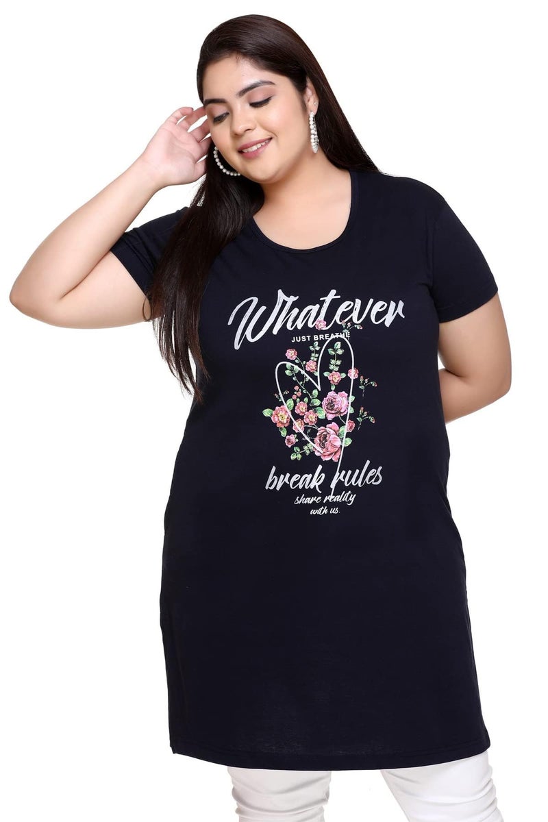In Love Women Cotton Regular Fit Plus Size Long-Line Chest Print T-Shirt With Pocket, Dark Blue - Image 1