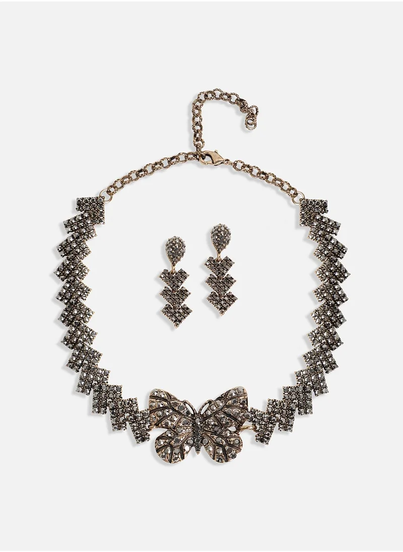 SOHI Embellished Butterfly Jewellery Set - Dark Silver