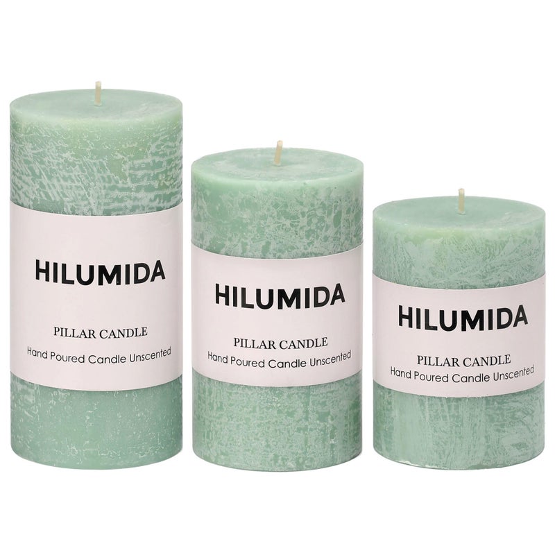 HILUMIDA Sage Green Pillar Candles Set of 3 - Hand-Poured Unscented Candles,Smokeless Dripless Candles for Dinner Table and Home, Set of 3 in Different Sizes (3"x4", 3"x5", 3"x6") - Image 1