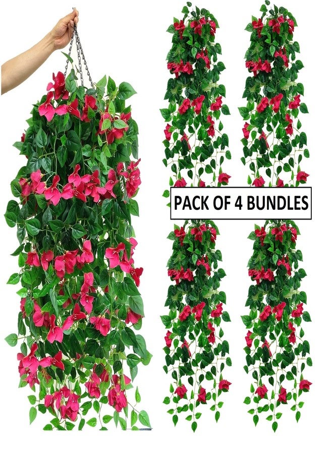 swerchor Magrowie Pack of 4pcs Artificial Hanging Bougainvillea Silk Plastic Flower Vines Faux Plant for Indoor Outdoor Home Farmhouse Garden Porch Eave Wall Fence Wedding Party Decor (Fuchsia) - Image 3