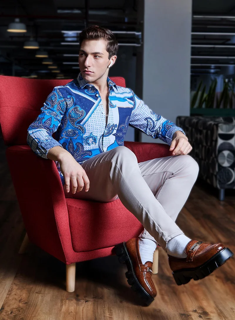 Campus Sutra Campus Sutra Men's Blue Paisley Block Shirt For Casual Wear | Spread Collar | Long Sleeve | Button Closure | Heavy Rayon Shirt Crafted With Comfort Fit For Everyday Wear
