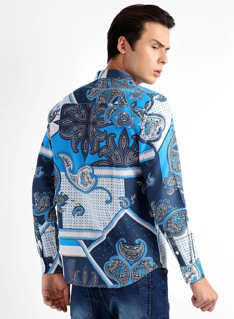 Campus Sutra Campus Sutra Men's Blue Paisley Block Shirt For Casual Wear | Spread Collar | Long Sleeve | Button Closure | Heavy Rayon Shirt Crafted With Comfort Fit For Everyday Wear