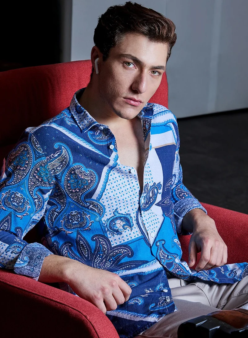 Campus Sutra Campus Sutra Men's Blue Paisley Block Shirt For Casual Wear | Spread Collar | Long Sleeve | Button Closure | Heavy Rayon Shirt Crafted With Comfort Fit For Everyday Wear