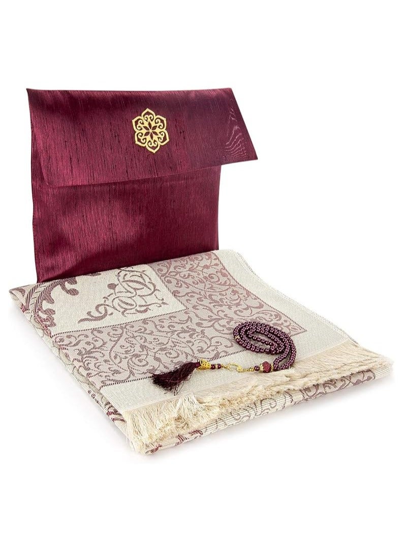 Muslim Prayer Rug and Beads with Elegant Slub Fabric Bag | Janamaz | Sajadah | Soft Islamic Prayer Rug | Islamic Gifts | Prayer Carpet Mat, Taffeta Fabric, Burgundy - Image 1