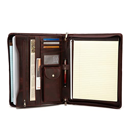 YIWEN Handmade Crazy-Horse Leather Padfolio Portfolio Case Business Organizer Tablet Folio Folder, Letter Size Notepad,Zippered Closure, Gift for Women & Men (Oil Wax, Non-Custom) - Image 1