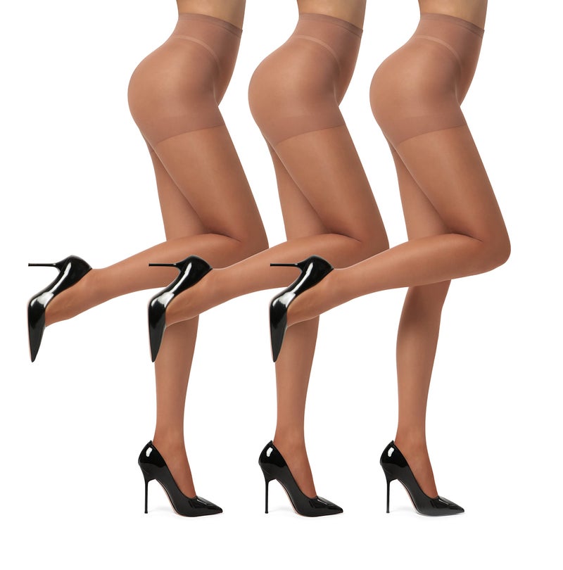 EVERSWE 3 Pairs Women's Sheer Tights 20D, High Waist Control Top Pantyhose Hosiery (Brown, L)