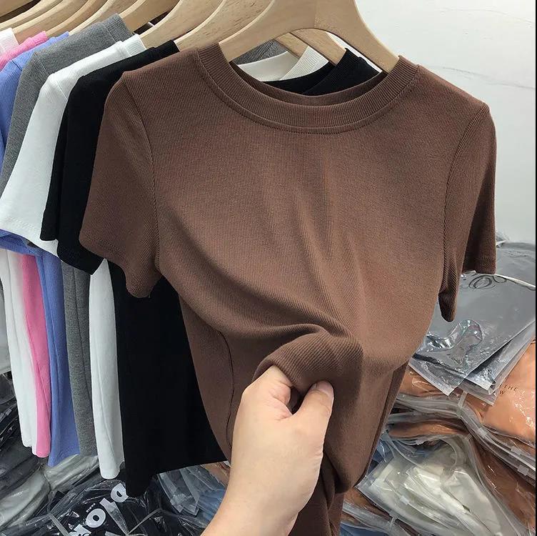 Luxury Solid Color Mask T-Shirt Slim Fit Summer Tee for Women Coffee