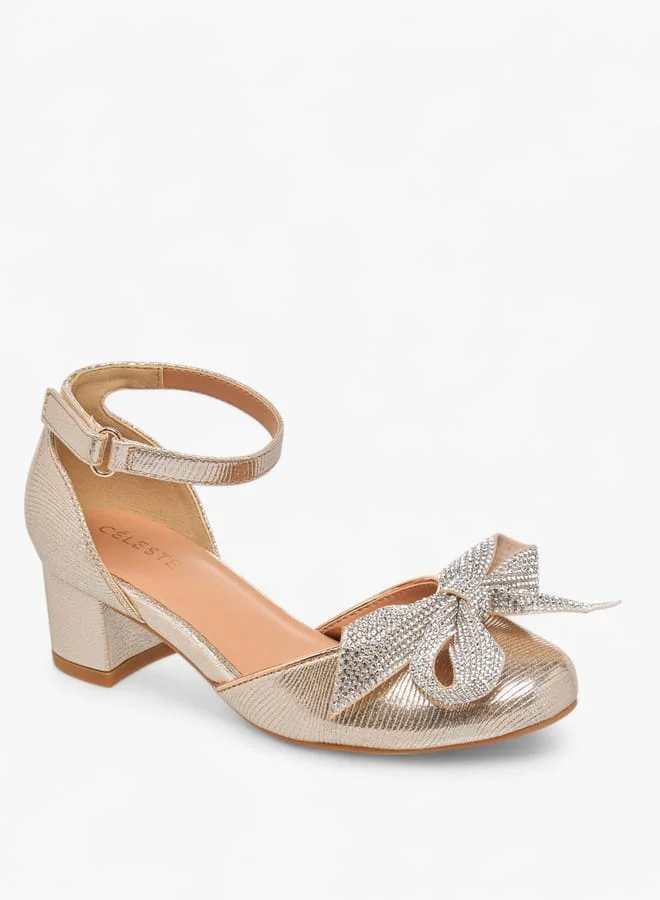 Celeste Girls Bow Applique Block Heel Shoes With Hook And Loop Closure Ramadan Collection