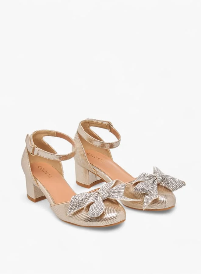 Celeste Girls Bow Applique Block Heel Shoes With Hook And Loop Closure Ramadan Collection
