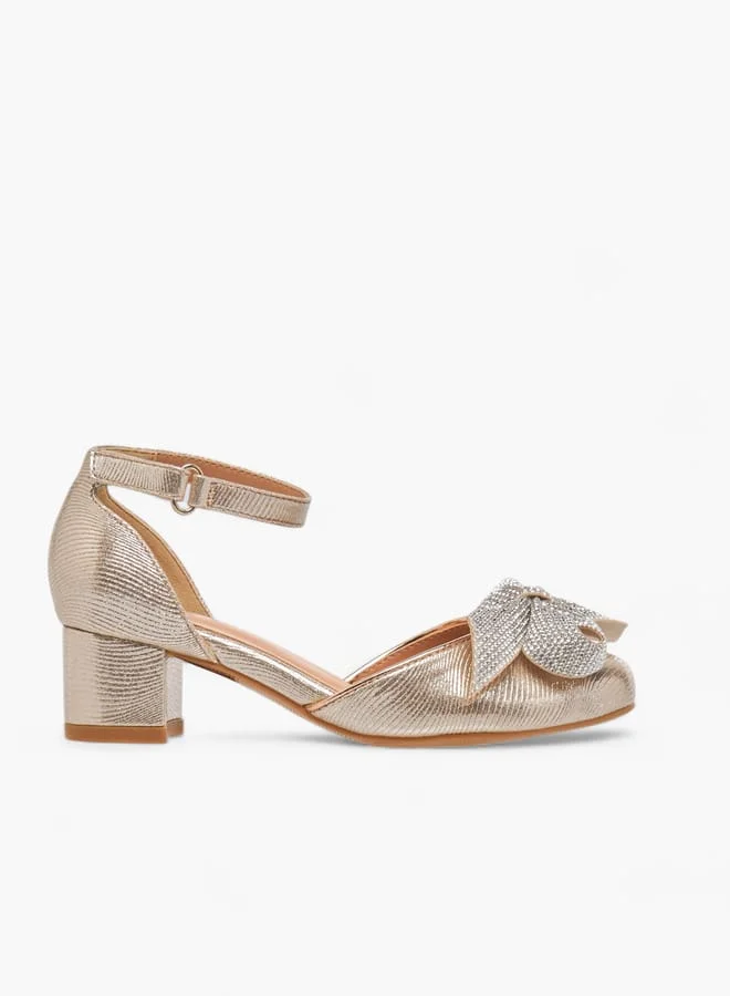 Celeste Girls Bow Applique Block Heel Shoes With Hook And Loop Closure Ramadan Collection