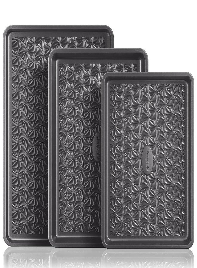 Hongbake Nonstick Baking Sheet Pan Set of 3, Cookie Sheets for Oven, Non-Toxic Half/Quarter/Jelly Roll Pans with Floral Swirl Texture, Heavy Duty 0.8mm Thick Oven Trays for Cooking, Dark Gray - Image 1